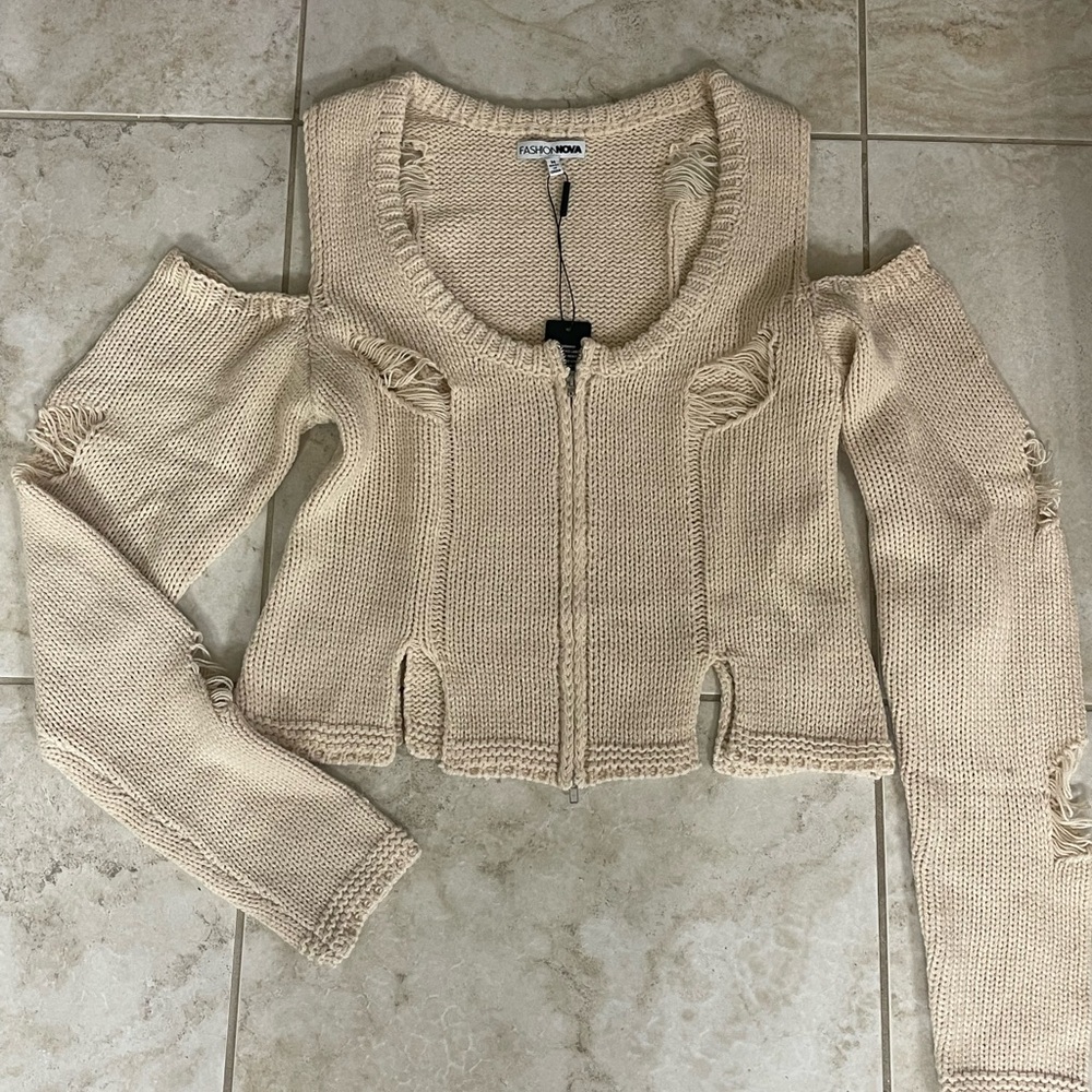Beige Knit Cold Shoulder Sweater